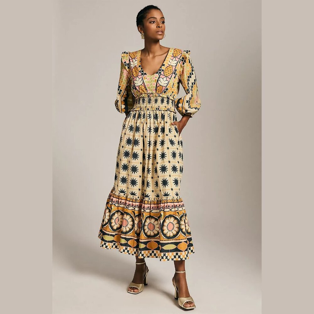 NWT Farm Rio Tropical Sunshine Geometric V-Neck Maxi Dress Tropical Boho SP